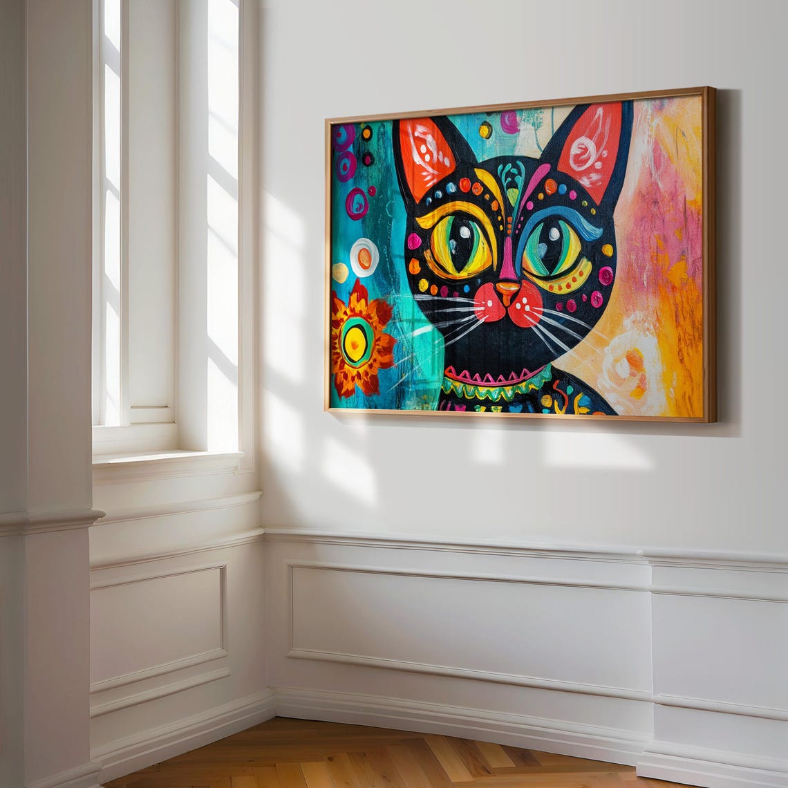 Black Cat With Green Eyes Red Cheek Patterns Bold Folk Poster - Image 3