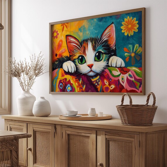 Calico Kitten Peeking Over Patterned Blanket Sweet Green Eyes Poster