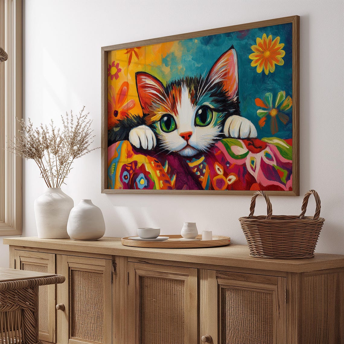 Calico Kitten Peeking Over Patterned Blanket Sweet Green Eyes Poster