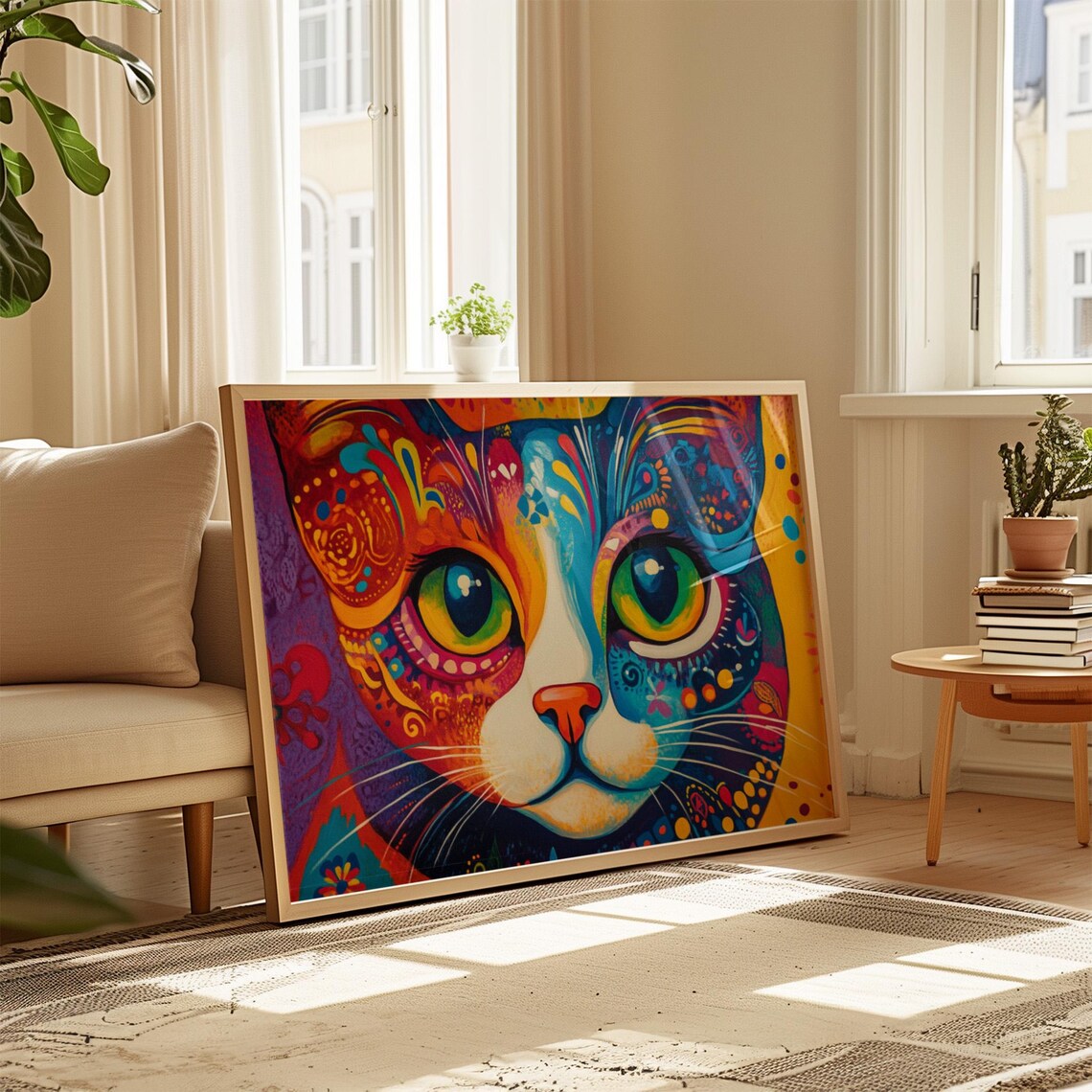 Calico Cat Face Paisley Boho Patterns Big Green Eyes Rainbow Art Poster - Image 4