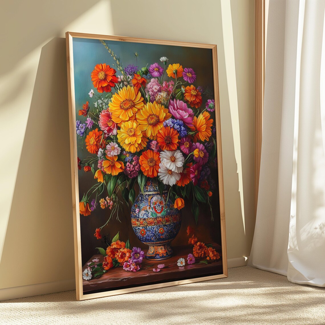 Mexican Folk Art Overflowing Zinnia Bouquet In Ornate Blue Vase Print - Image 5