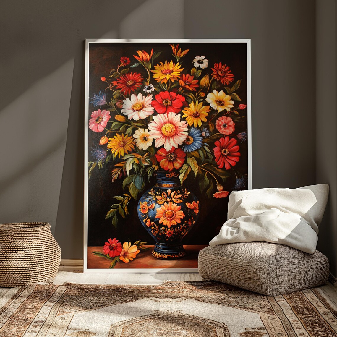 Classic Zinnia Daisy Bouquet Dark Blue Ornate Vase Moody Floral Poster - Image 4