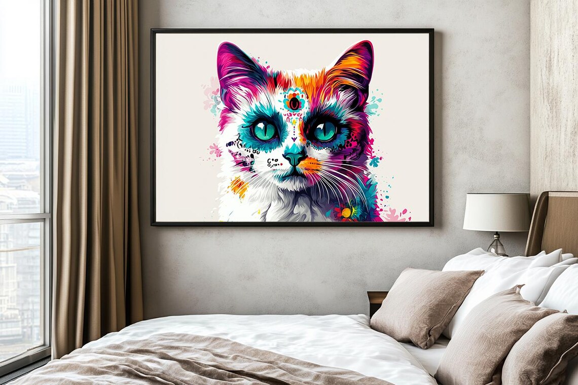 Sweet White Kitten With Colorful Watercolor Fur Teal Eyes Poster