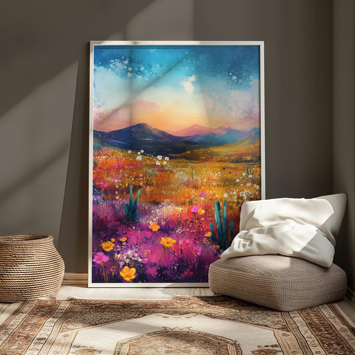 Desert Wildflower Meadow Cacti Mountain Dusk Colorful Art Print - Image 3