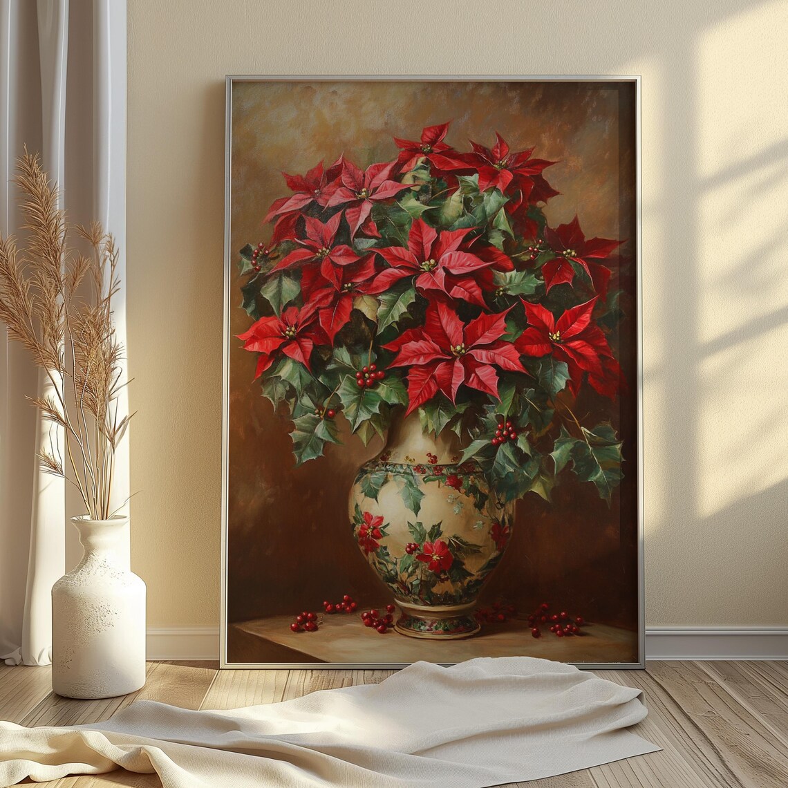 Red Poinsettia Holly Cream Floral Vase Christmas Still Life Poster - Image 3