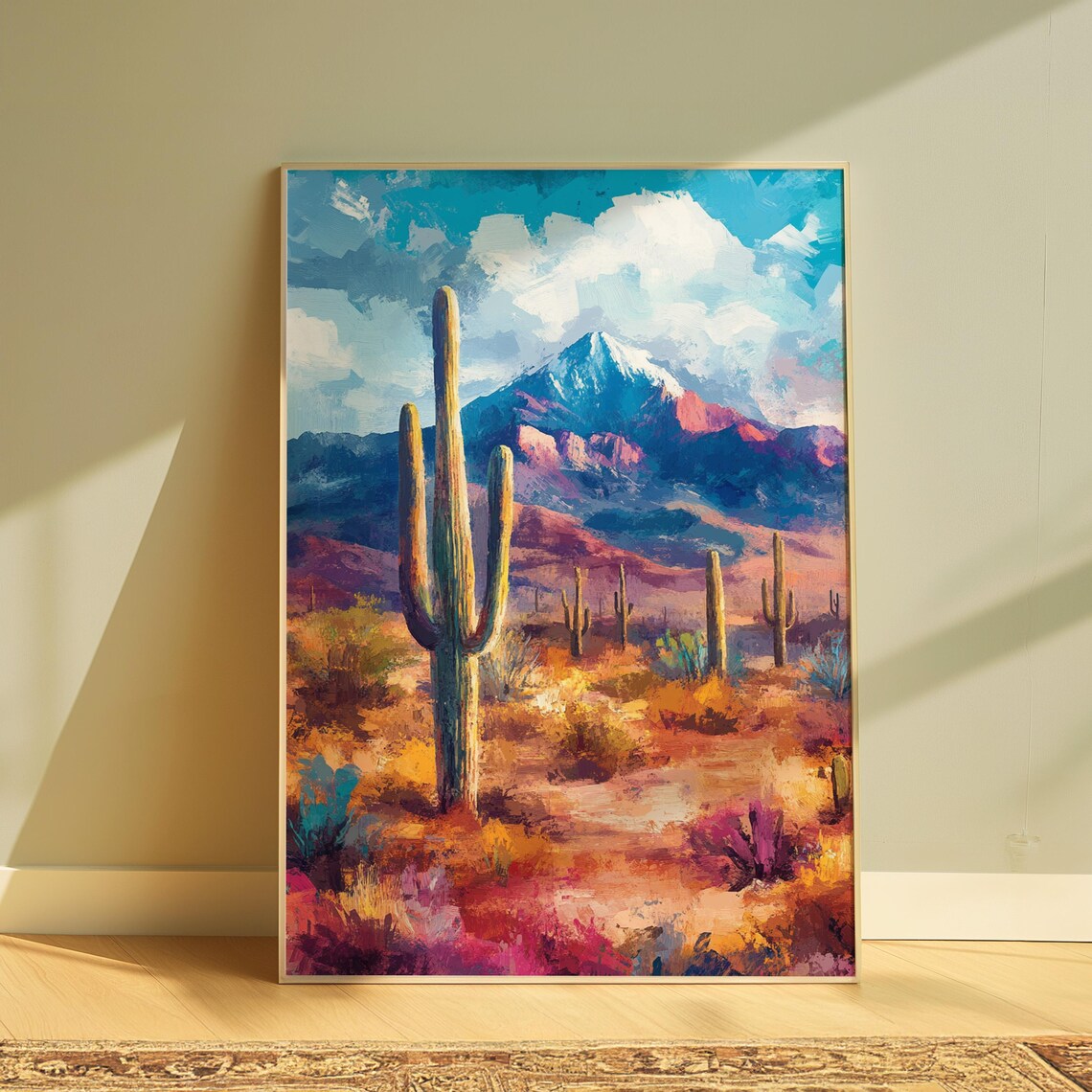 Mexican Desert Saguaro Cactus Snow Capped Mountain Colorful Landscape Poster