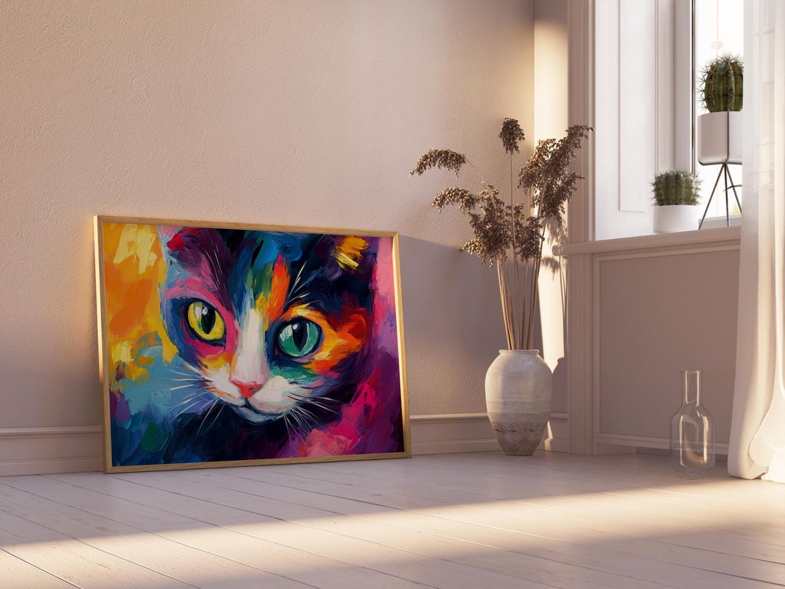 Calico Cat Close Up Mismatched Eyes Rainbow Brushstroke Poster - Image 2