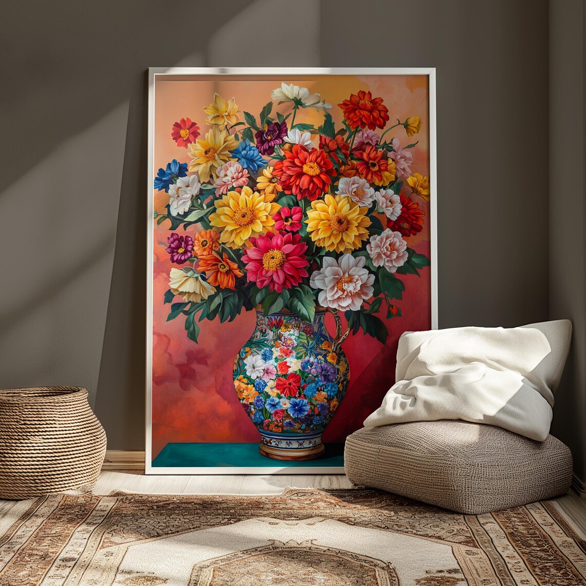 Sunset Zinnia Dahlia Bouquet Ornate Blue Vase Coral Warm Floral Poster - Image 4