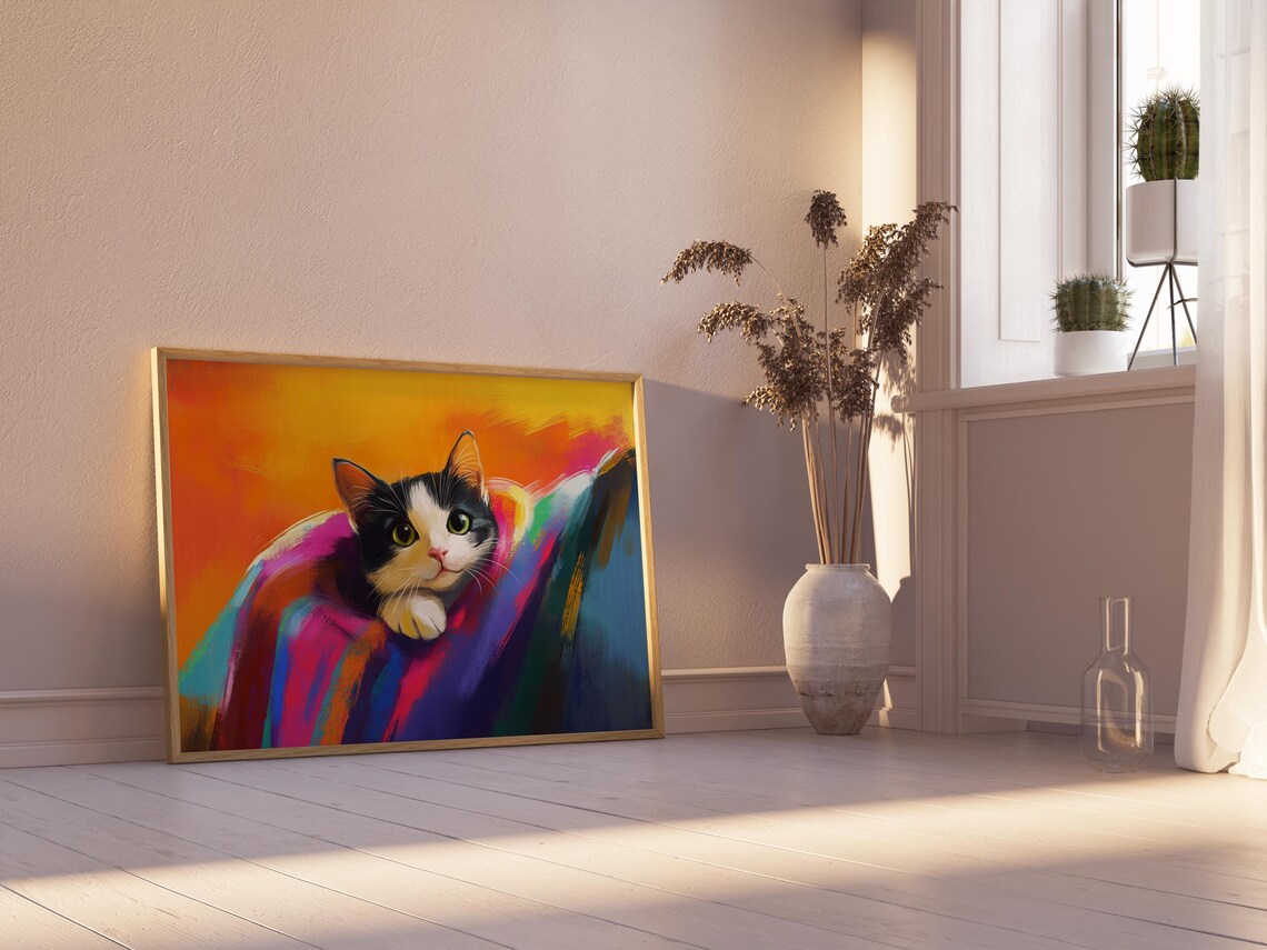 Tuxedo Kitten Wrapped in Rainbow Blanket Sunset Glow Cute Cat Art Poster - Image 2