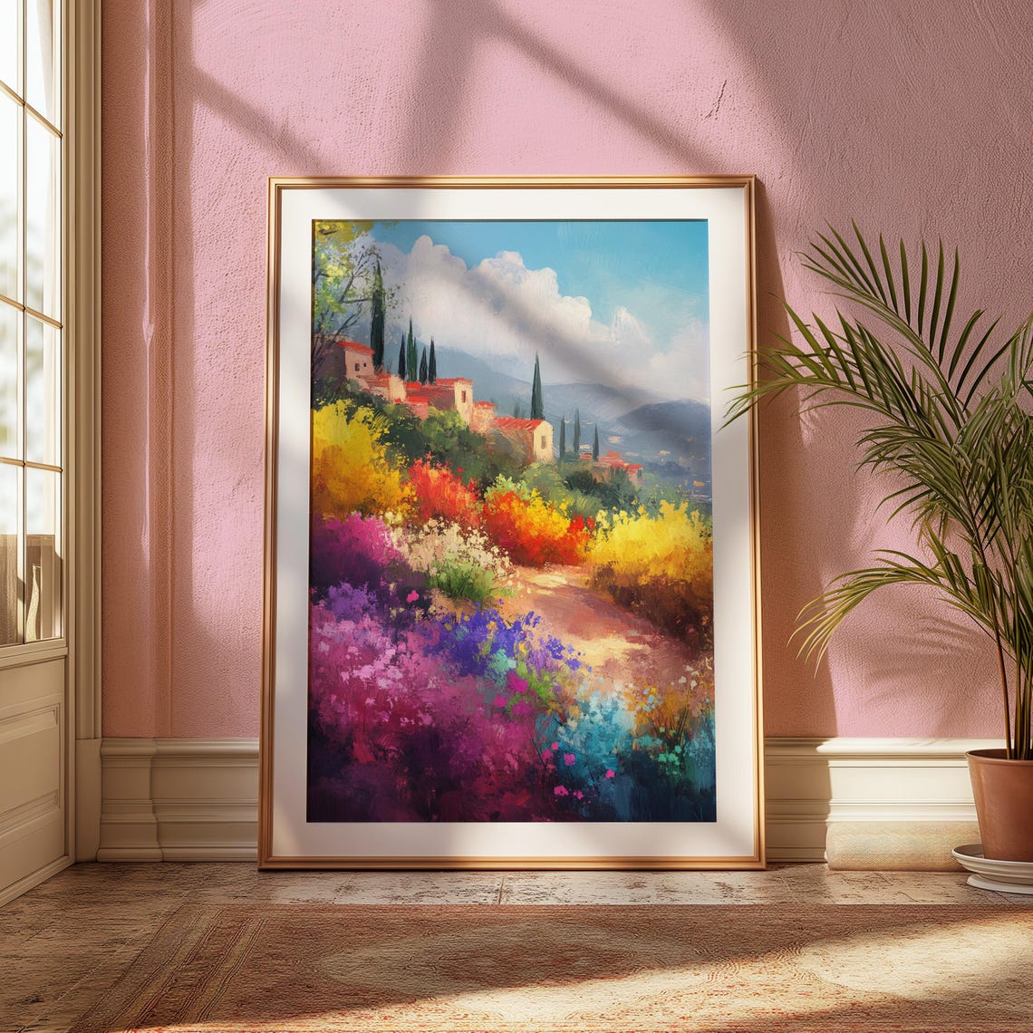 Hillside Village Flower Garden Cypress Trees Mountain View Art Print - Image 2