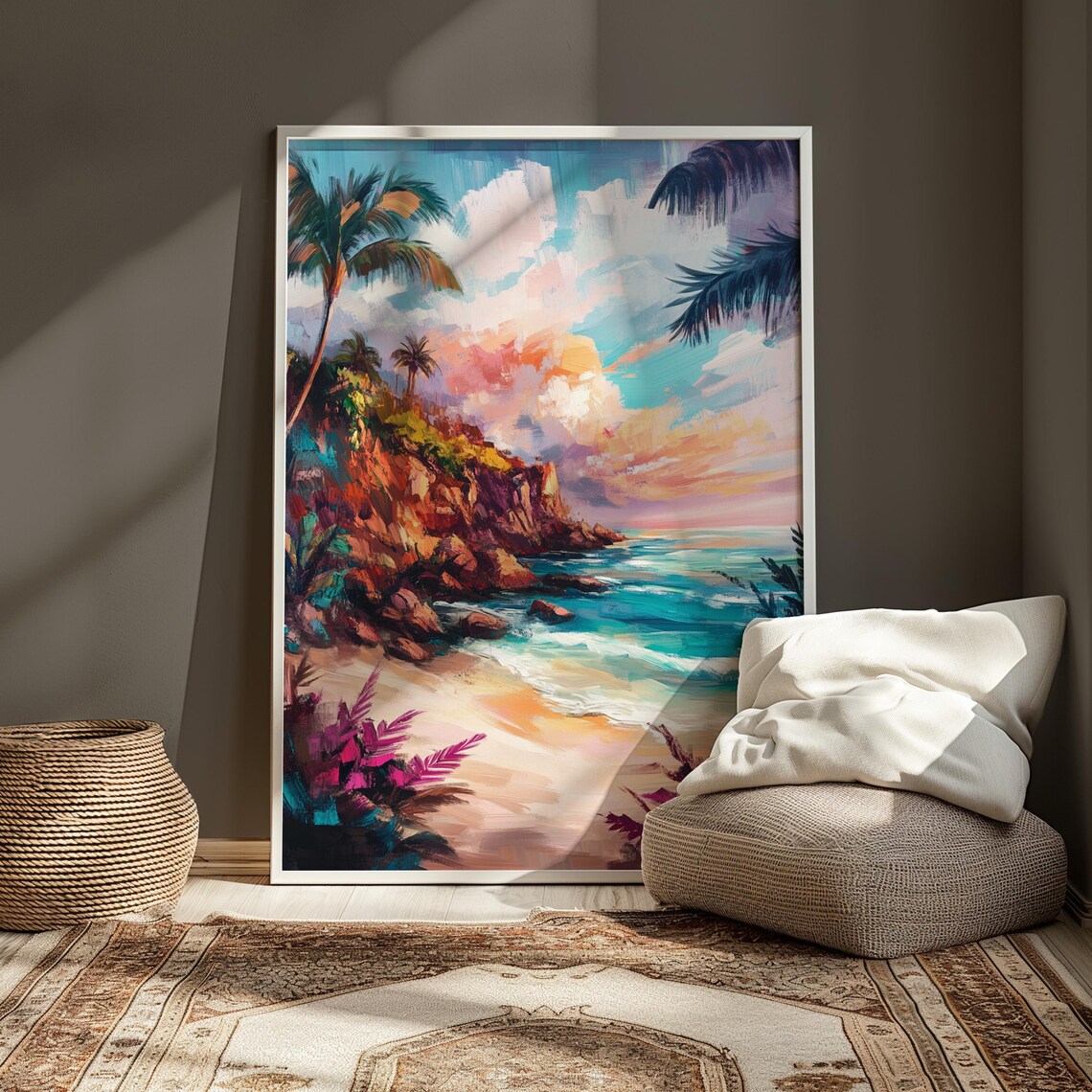 Tropical Beach Cove Sunset Palm Trees Orange Cliffs Turquoise Sea Landscape Poster - Image 3