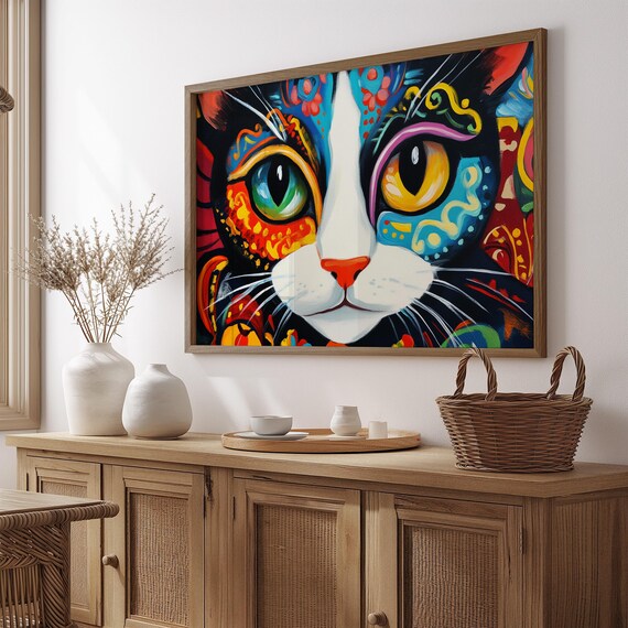 Cat Face Close Up Mismatched Green Yellow Eyes Dramatic Poster