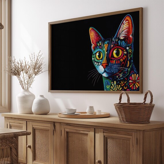 Side Profile Black Cat Floral Pattern Mismatched Yellow Eyes Wall Art