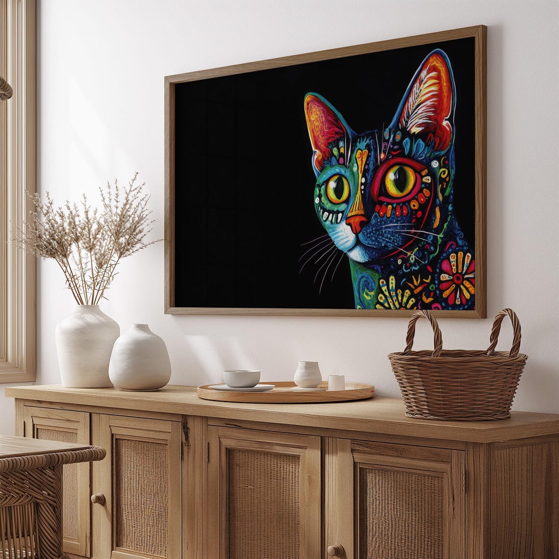 Side Profile Black Cat Floral Pattern Mismatched Yellow Eyes Wall Art