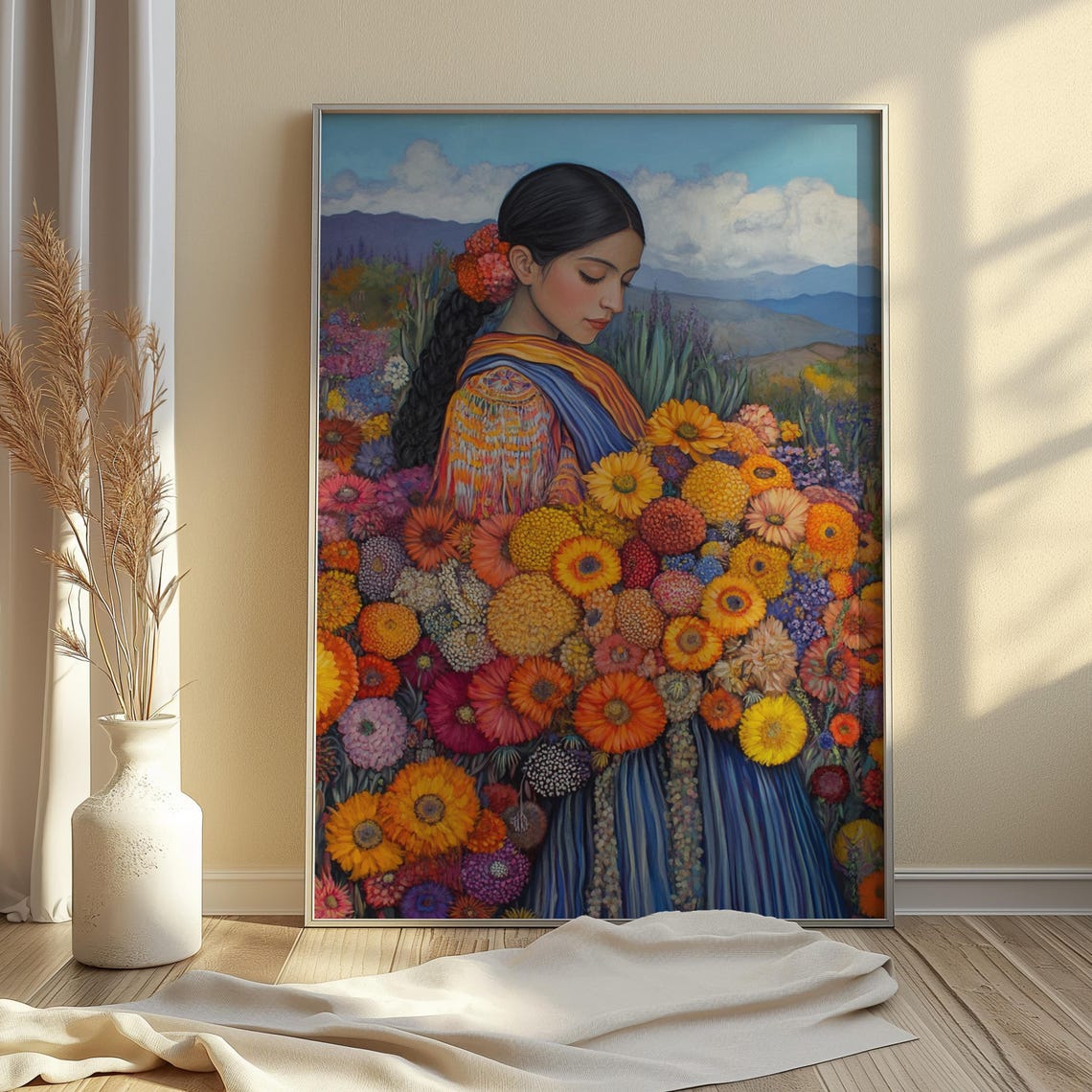 Woman Long Braid Marigold Hair Blue Striped Dress Dahlia Field Poster - Image 2