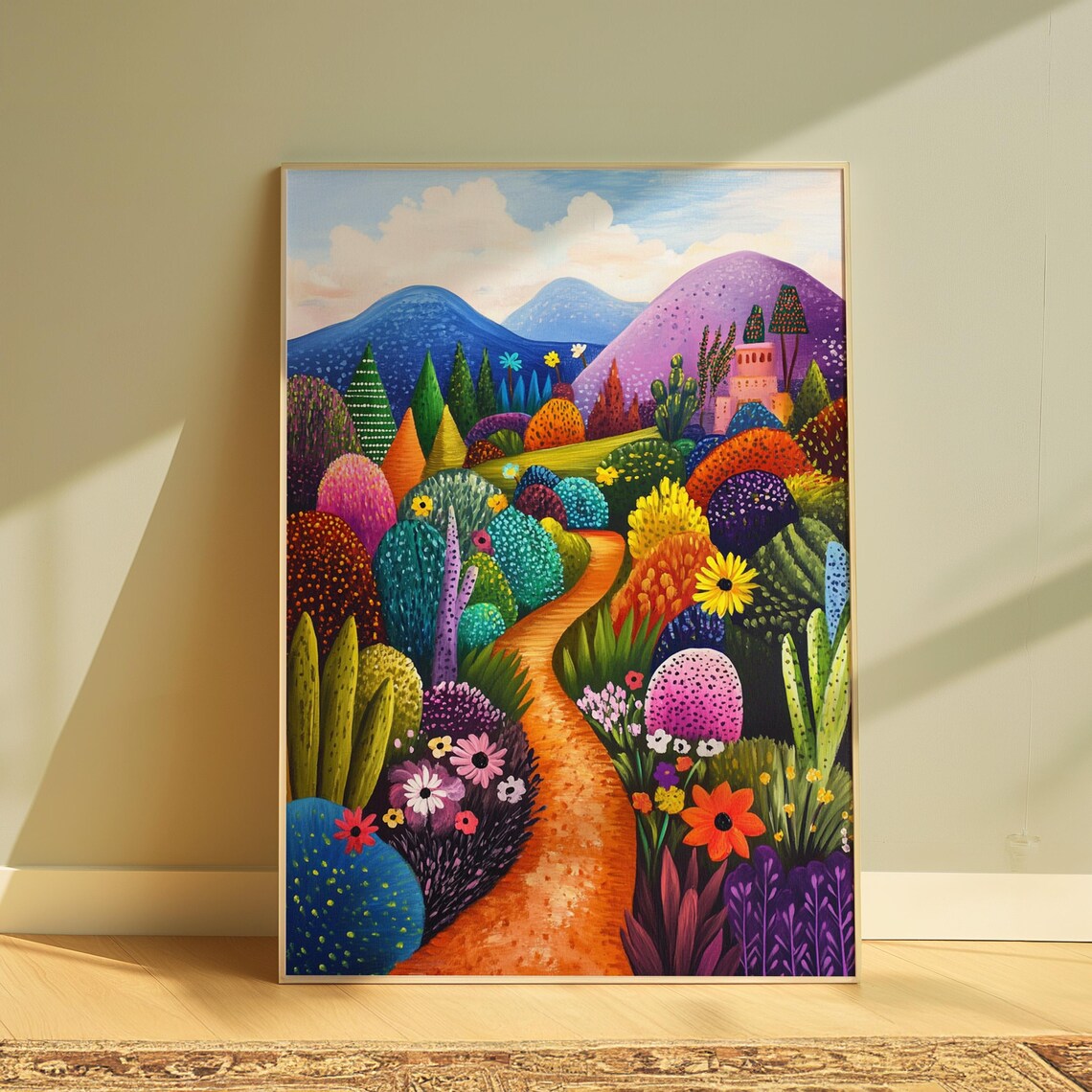 Colorful Folk Art Cactus Garden Path Pink Church Whimsical Print
