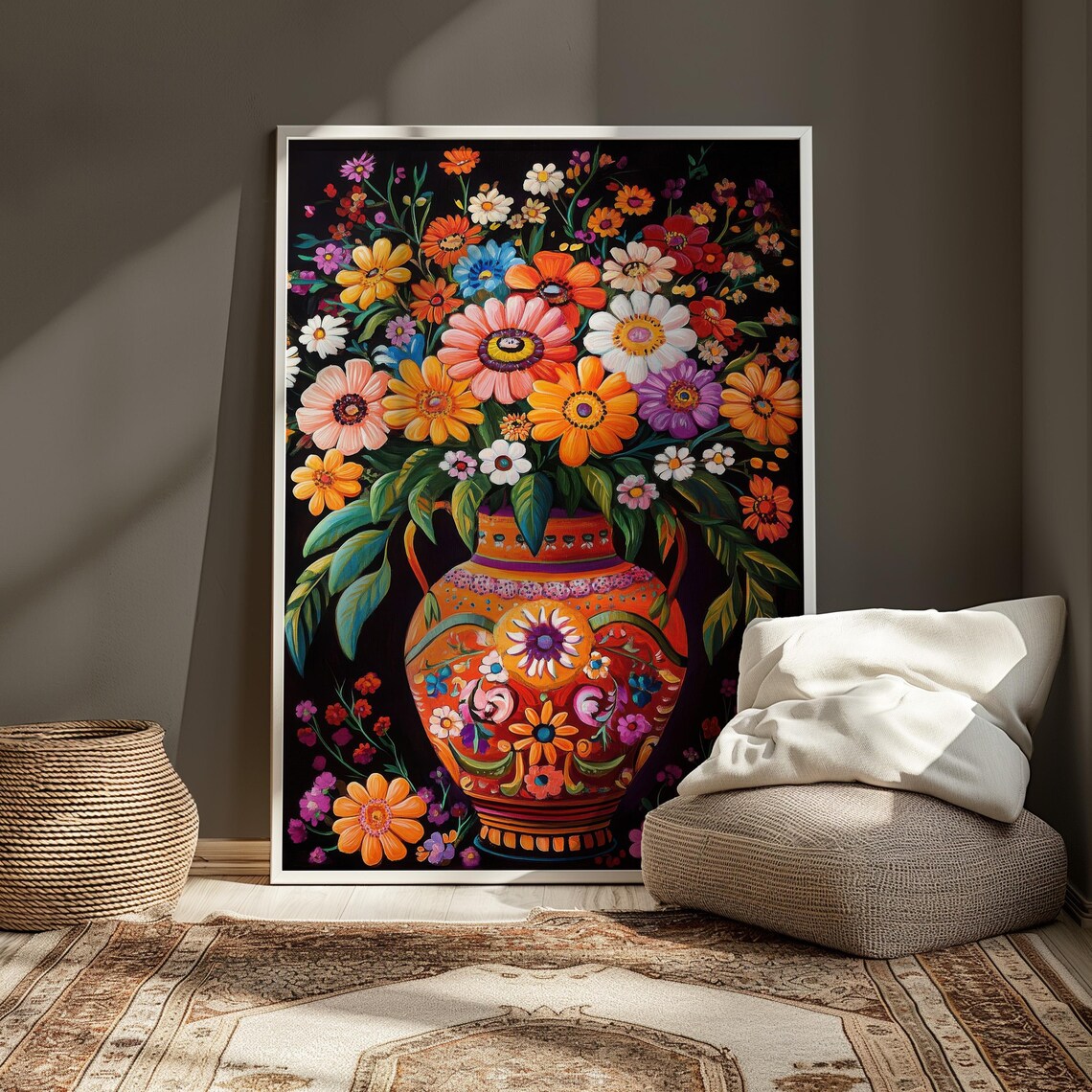 Folk Art Wildflower Bouquet Orange Mexican Vase Black Floral Wall Art - Image 4
