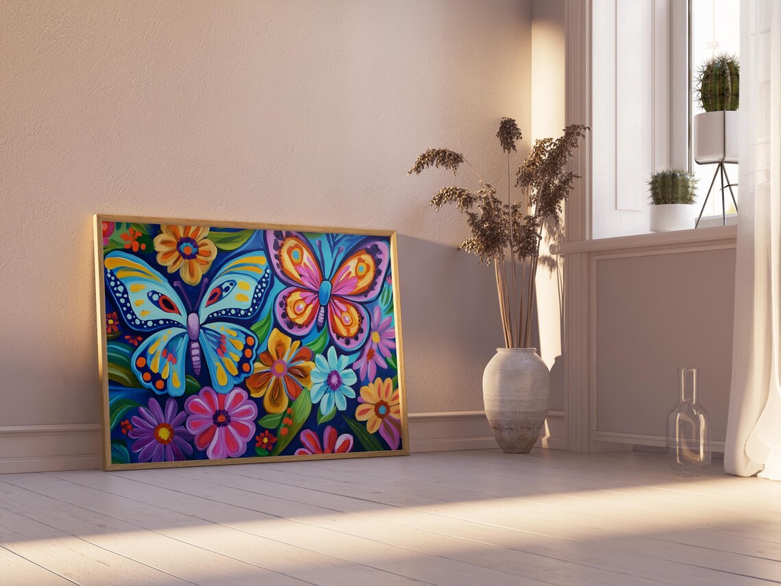 Two Colorful Butterflies Among Folk Flowers Dark Navy Garden Poster - Image 2