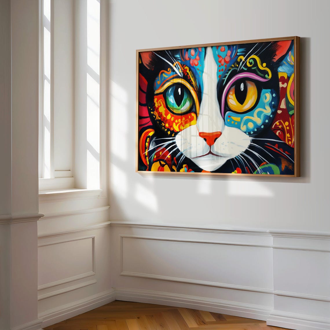 Cat Face Close Up Mismatched Green Yellow Eyes Dramatic Poster - Image 3