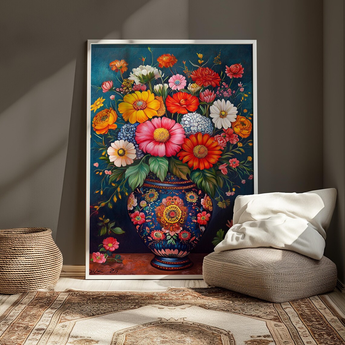 Multicolor Zinnia Garden Bouquet Ornate Blue Mexican Vase Teal Poster - Image 4