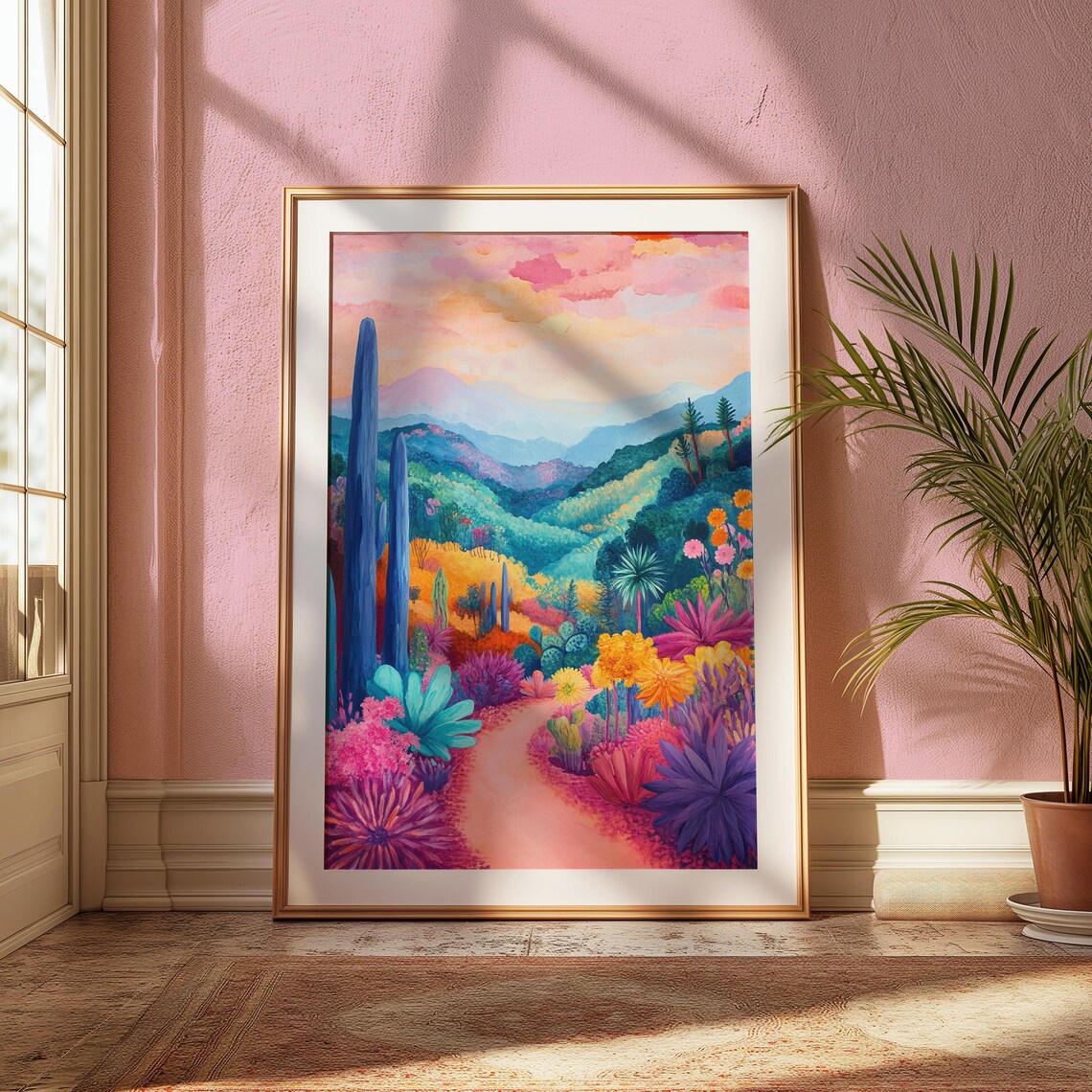 Whimsical Desert Bloom Pink Path Tall Blue Cacti Green Hills Rosy Sky Poster - Image 2