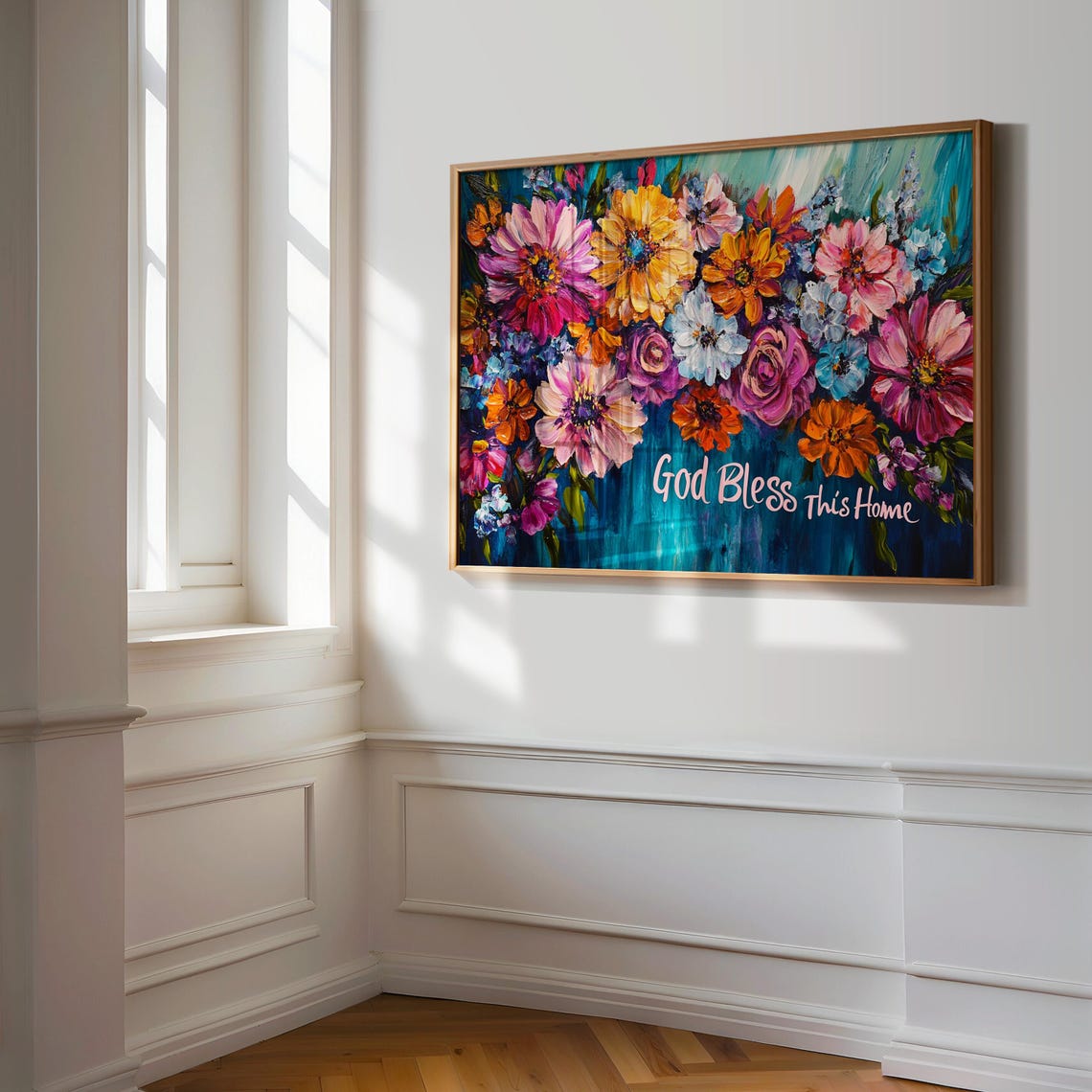 God Bless This Home Daisy Bouquet Deep Teal Floral Quote Poster - Image 3