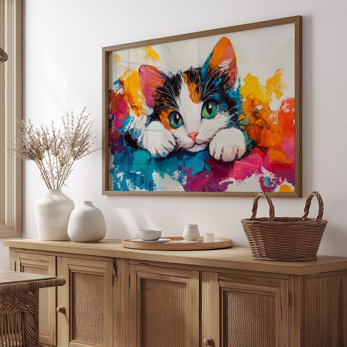Playful Calico Kitten Paws Resting Vibrant Abstract Paint Splash Cat Poster