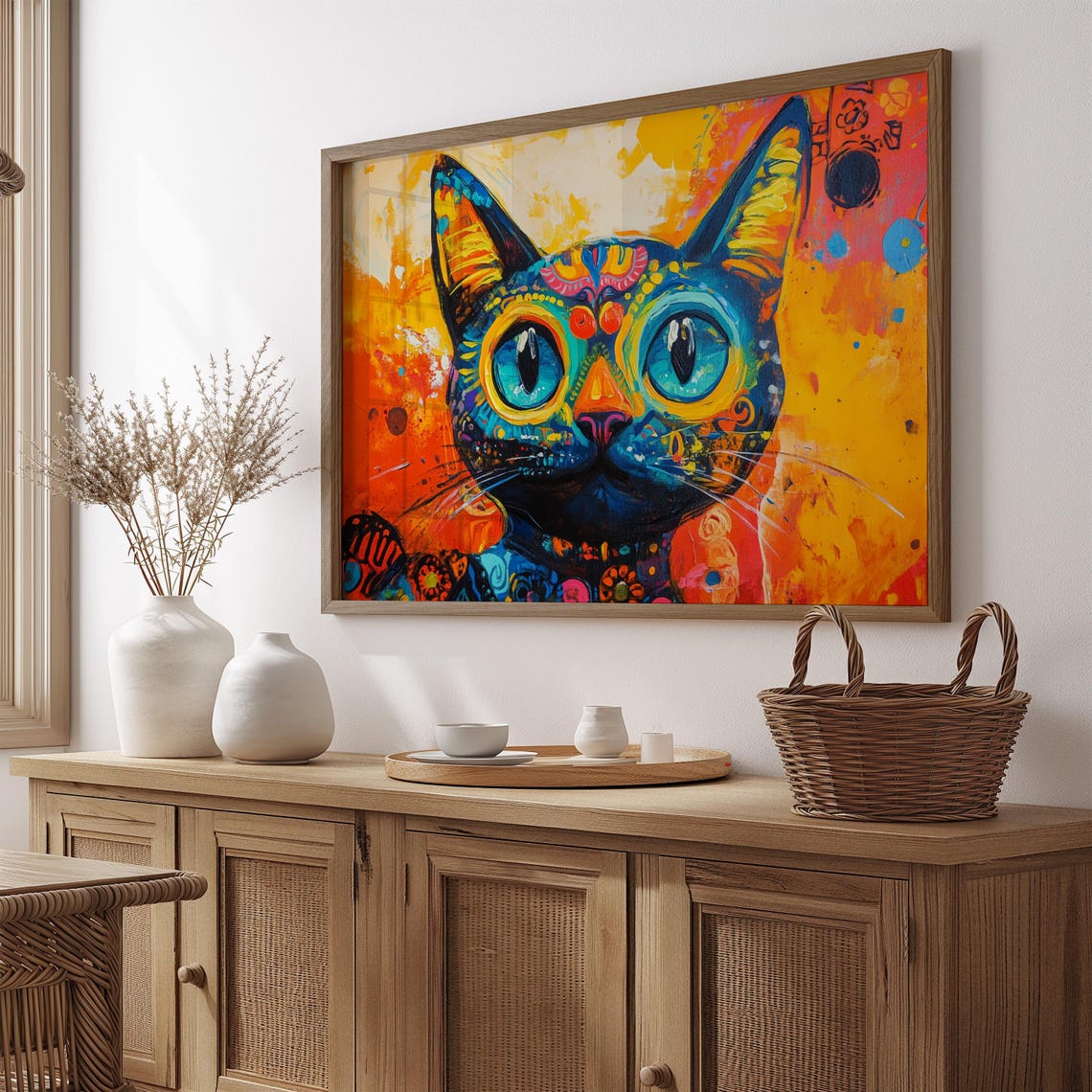 Bright Blue Cat With Big Happy Eyes Colorful Folk Pattern Art Poster