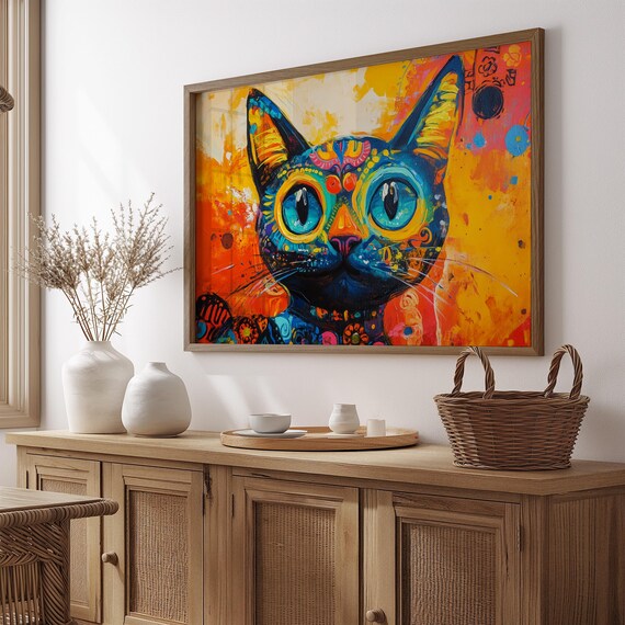 Bright Blue Cat With Big Happy Eyes Colorful Folk Pattern Art Poster