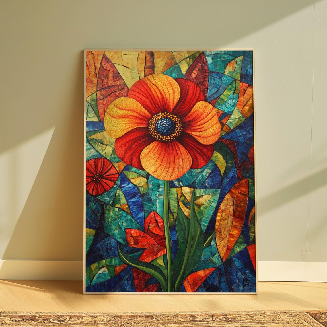 Red Poppy Dotted Center Stained Glass Mosaic Floral Art Poster