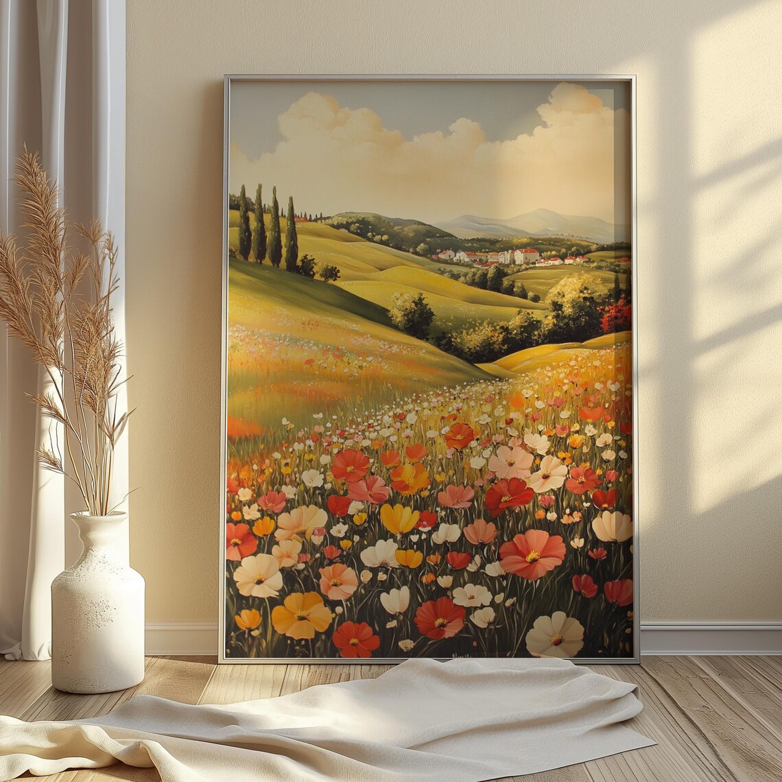 Tuscan Rolling Hills Cypress Trees Village Wildflower Field Golden Poster - Image 2