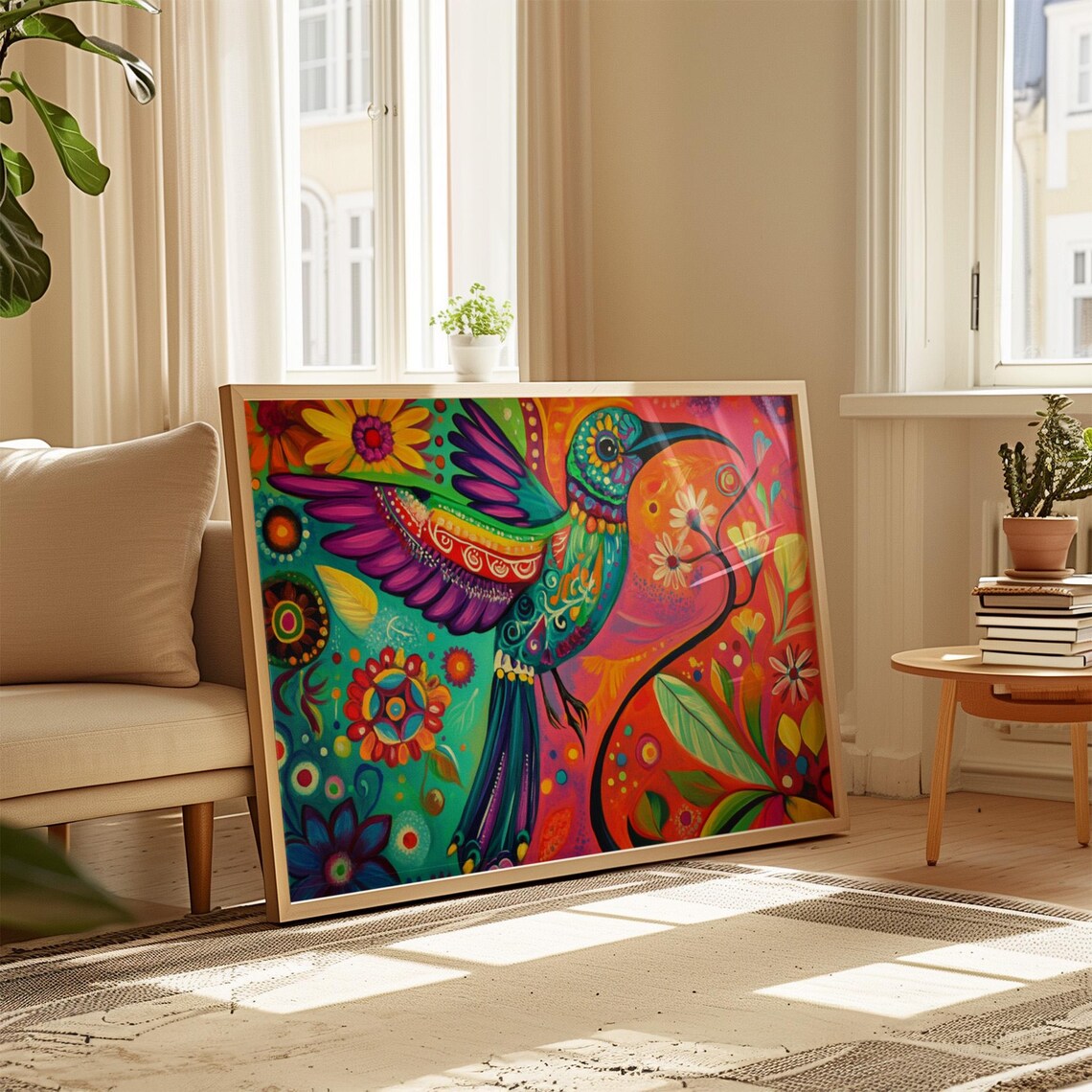 Hummingbird Folk Art Purple Wings Pink Orange Floral Scene Poster - Image 4