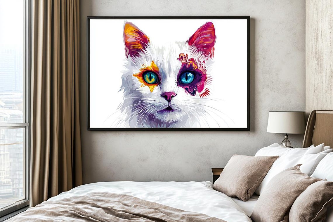 Charming White Cat With Mismatched Eyes Sugar Skull Patterns Poster - Image 2