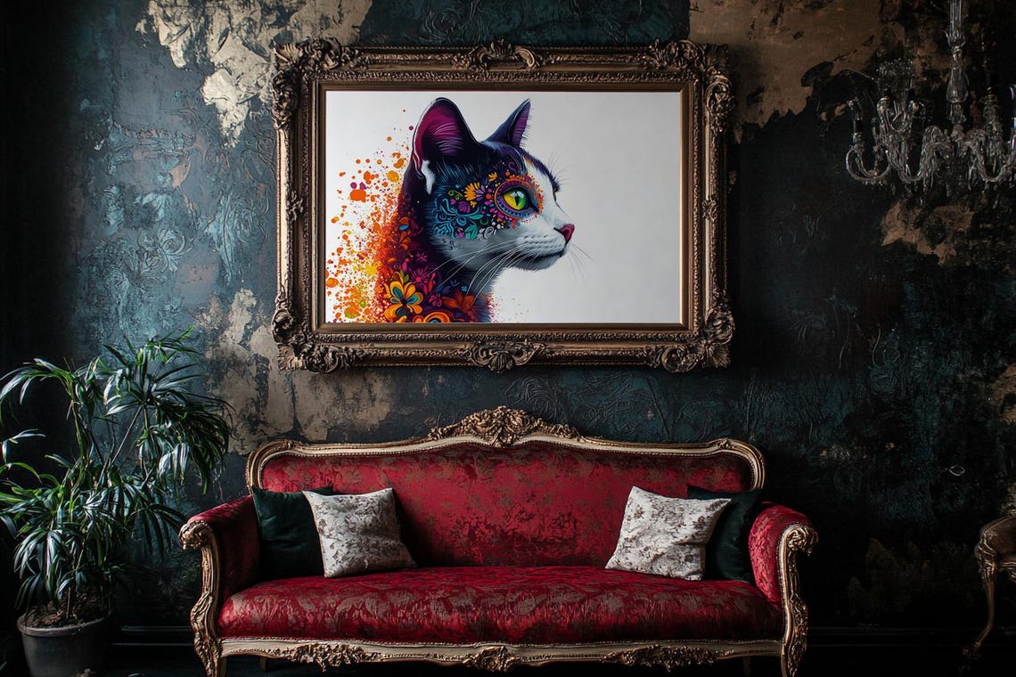 Cat Profile With Sugar Skull Floral Watercolor Splash Poster