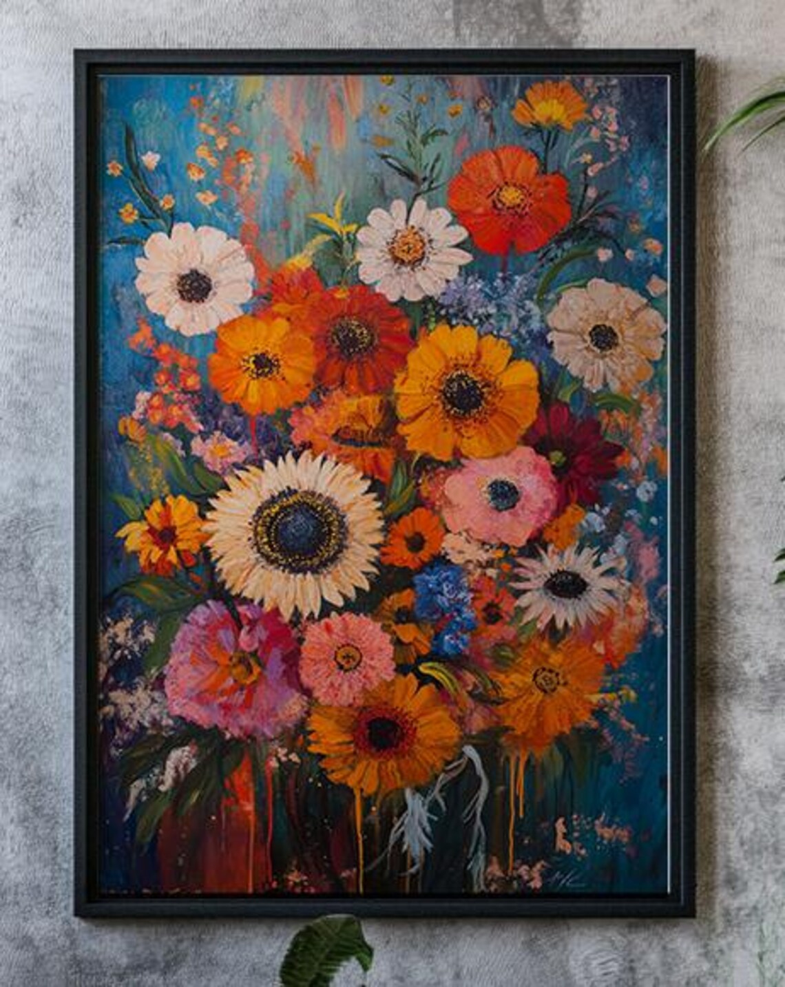Colorful Floral Painting on Teal Background Bright Flower Poster