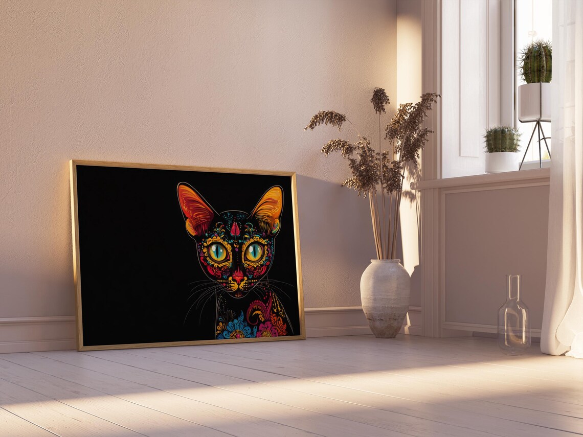 Close Up Black Cat Large Yellow Eyes Colorful Floral Day Dead Wall Art - Image 2