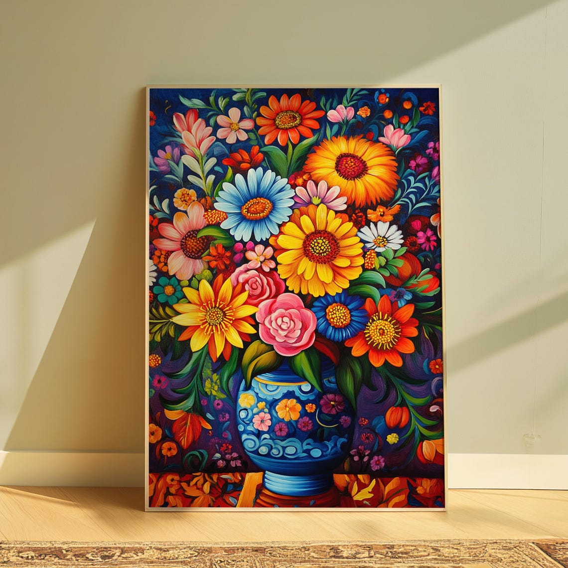 Deep Navy Mexican Folk Art Floral Bouquet In Ornate Blue Vase Print