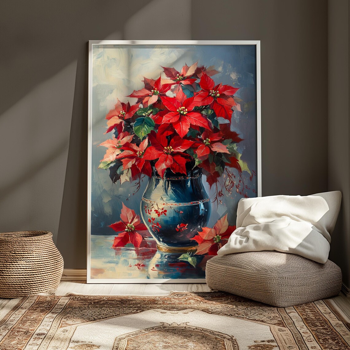 Red Poinsettia Bouquet in Blue Talavera Vase Holiday Floral Poster - Image 4