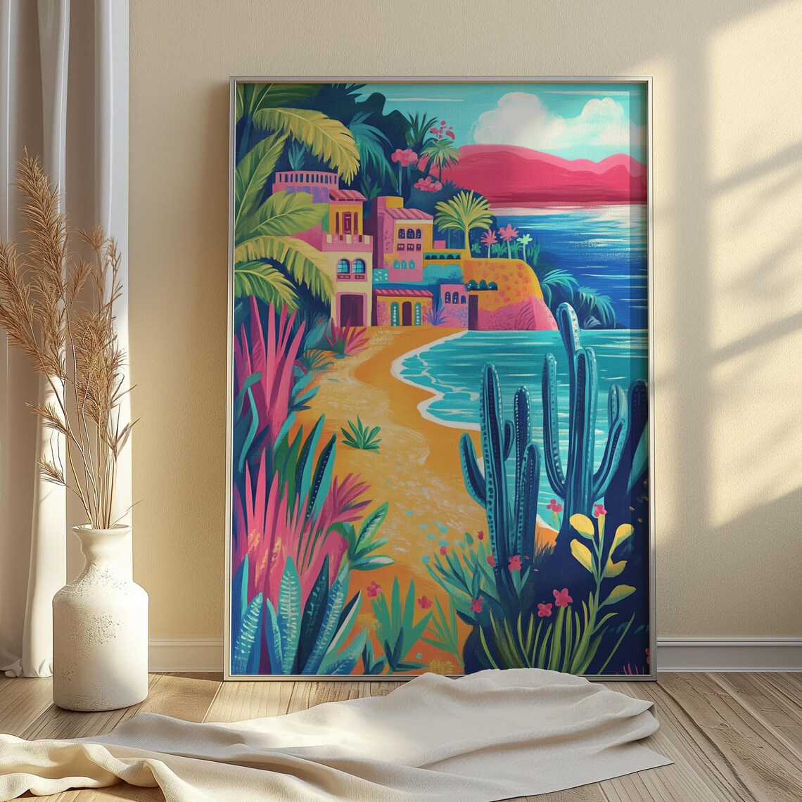 Mexican Coastal Village Beach Colorful Houses Cactus Art Poster - Image 4