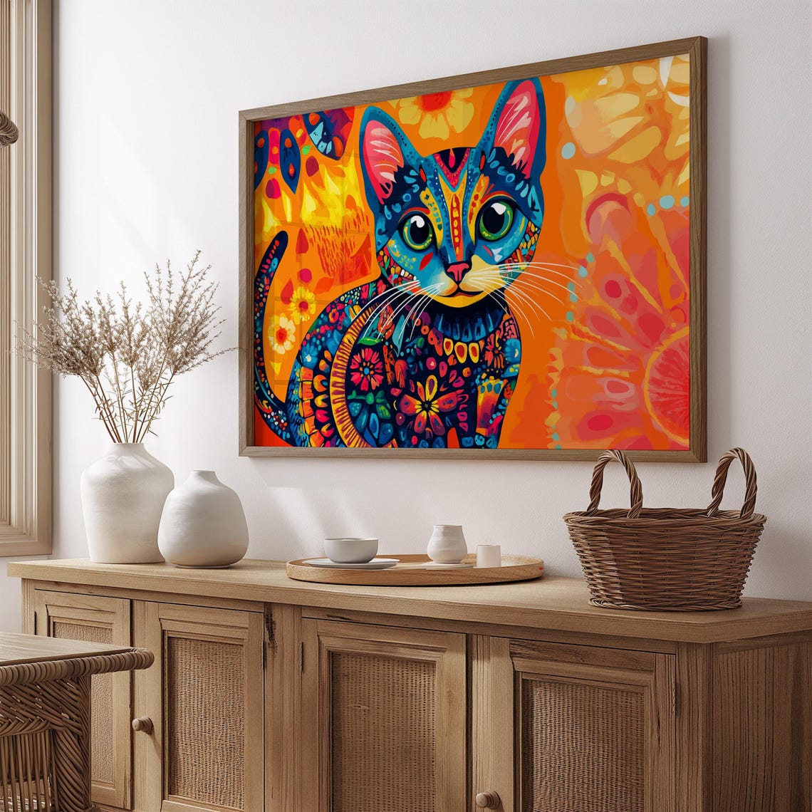 Blue Cat Sitting Mandala Floral Patterns Green Eyes Orange Art Poster