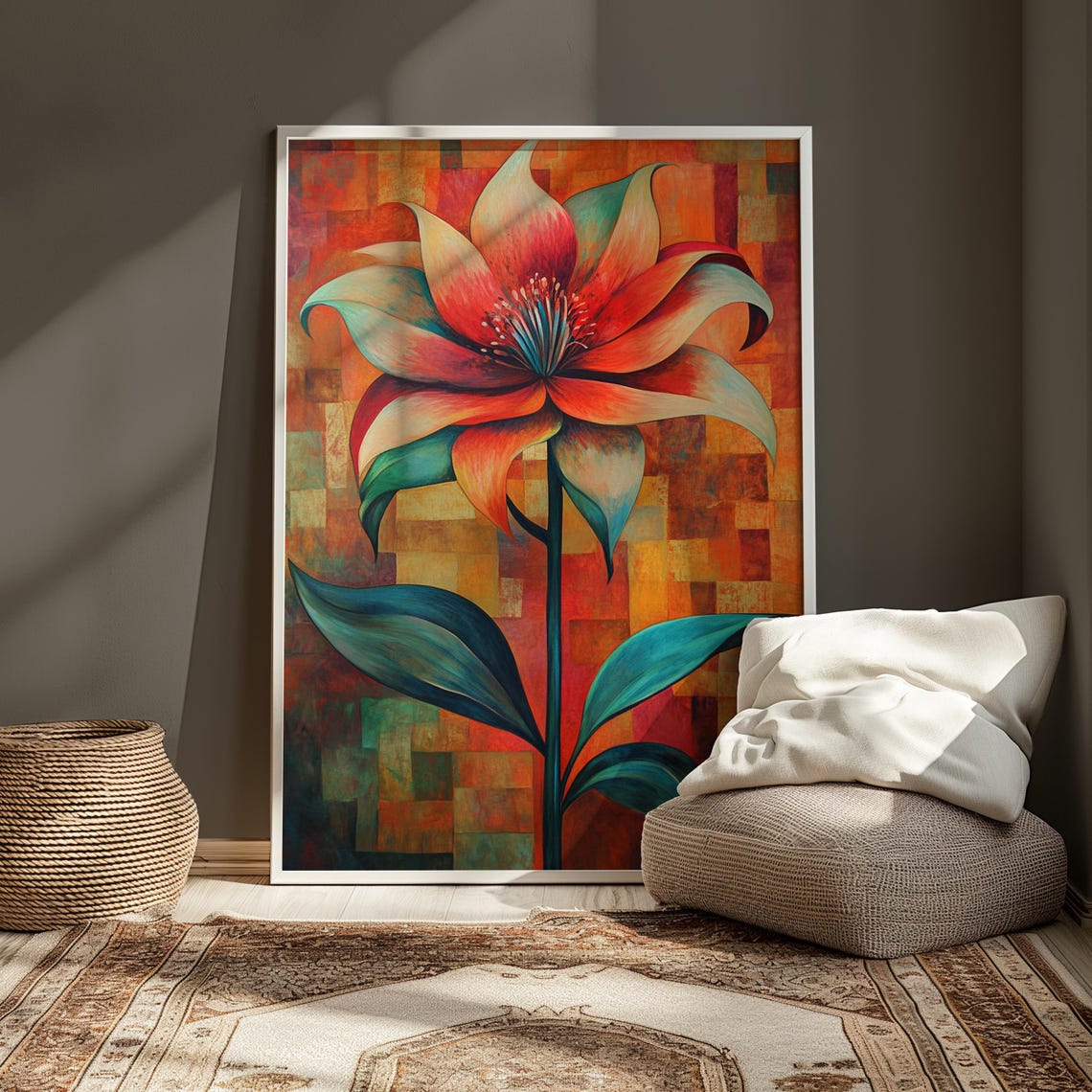 Red Teal Lily Large Bloom Orange Mosaic Tile Background Poster - Image 3