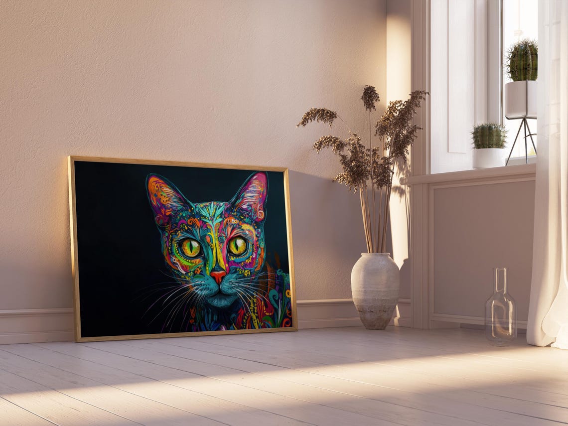 Mexican Folk Art Cat Face Front View Colorful Alebrije Pattern Poster - Image 2