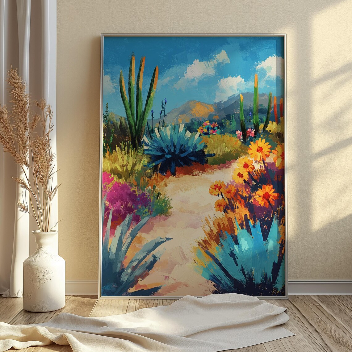Vibrant Desert Garden Path Blue Agave Cacti Colorful Wildflowers Landscape Poster - Image 3