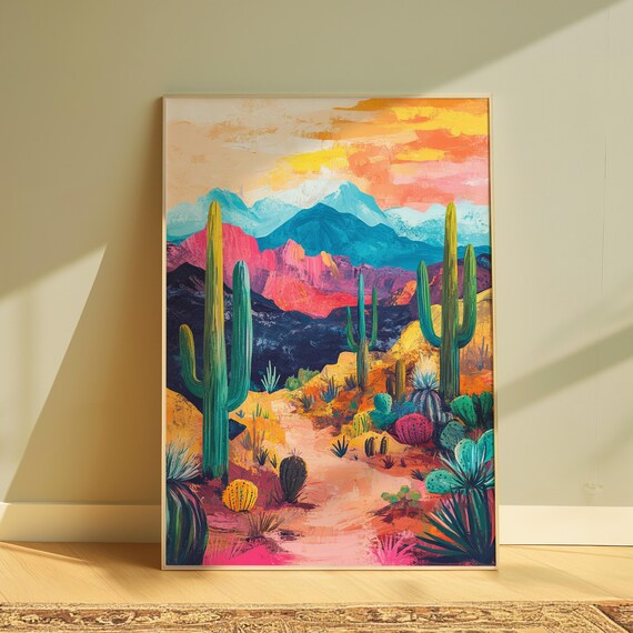Mexican Desert Sunset Saguaro Cactus Mountains Colorful Landscape Poster
