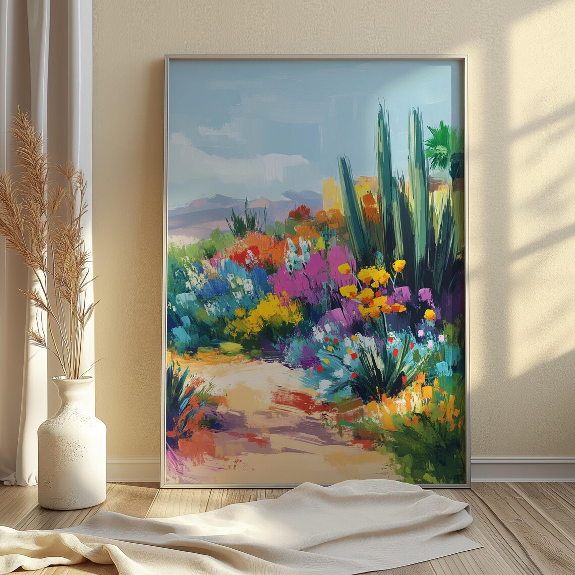 Soft Desert Garden Blooming Bushes Tall Cacti Sandy Path Pastel Landscape Poster - Image 4