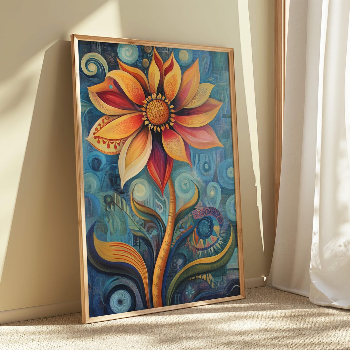 Golden Sunflower Bloom Swirling Teal Folk Background Floral Art Poster - Image 5