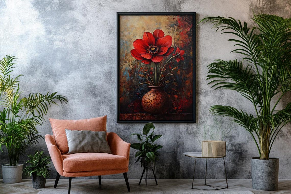 Red Anemone Flowers Ornate Vase Textured Dark Vintage Floral Poster - Image 2