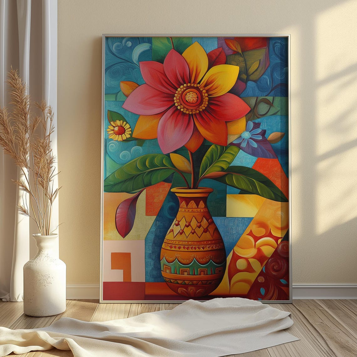 Red Blossom Terracotta Vase Blue Mosaic Pattern Floral Poster - Image 4