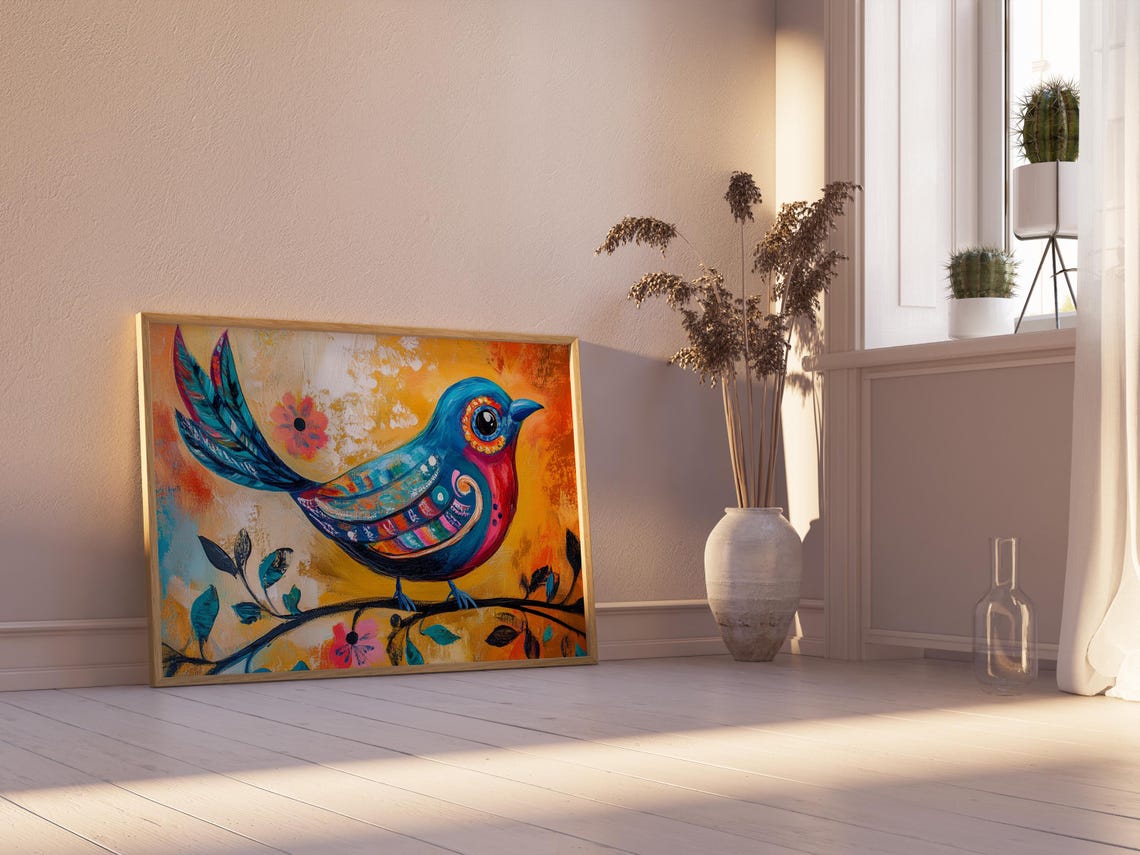 Sapphire Bird Coral Breast Raised Patterned Tail Amber Field Art Print - Image 2
