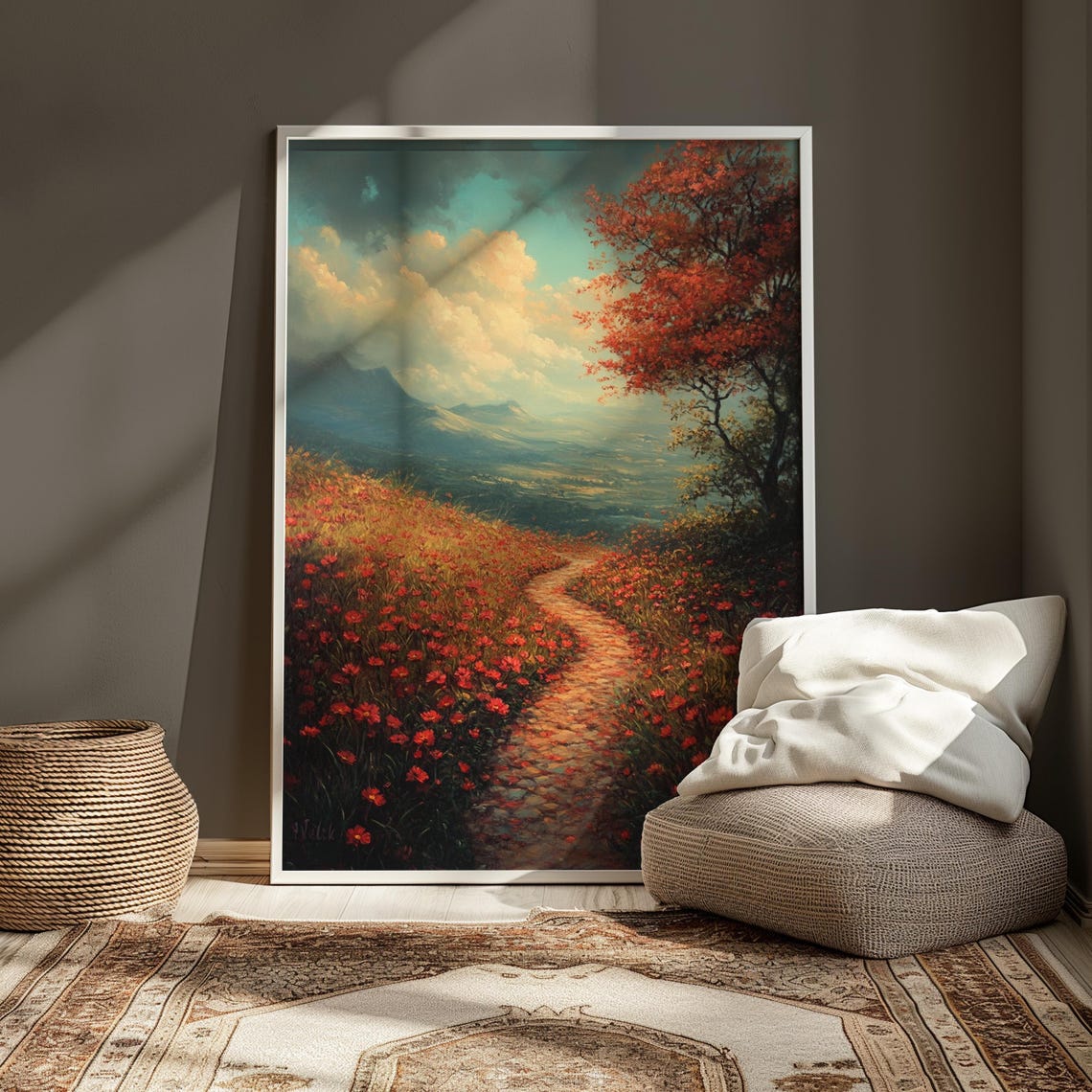 Red Wildflower Meadow Stone Path Mountain Valley Dramatic Sky Poster - Image 3